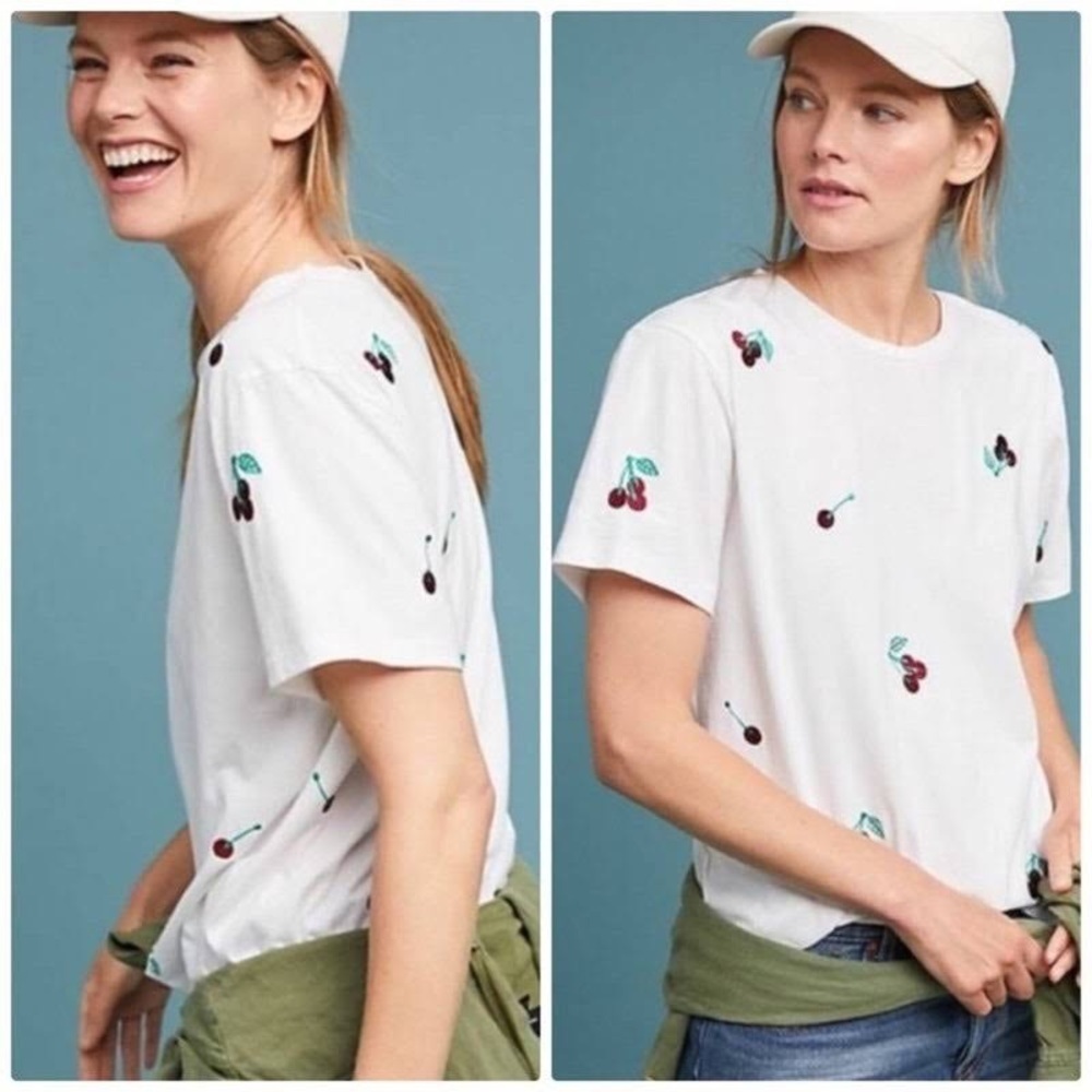 Anthropologie Bannerday Cherries Short Sleeve Tee Shirt